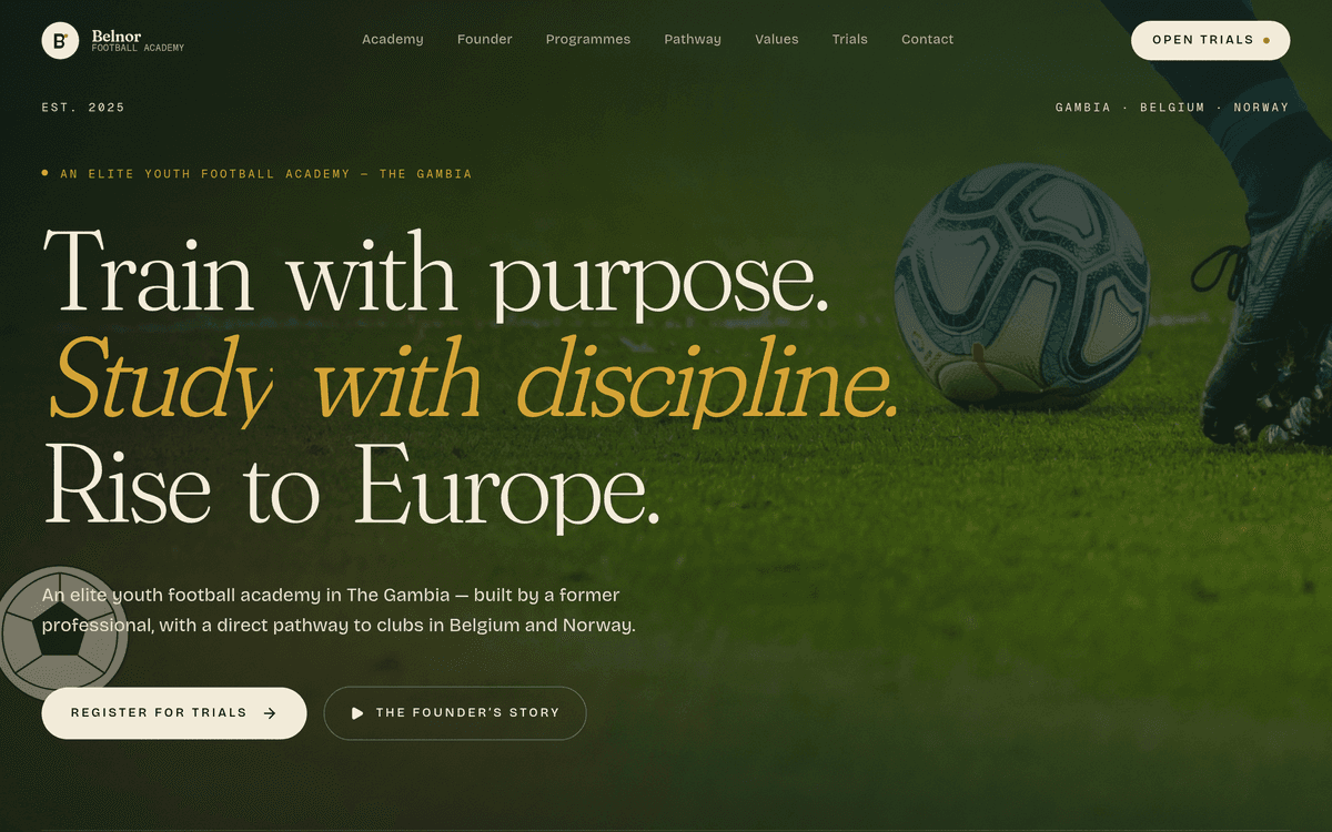 An elite youth football academy site with programme storytelling, European pathway narrative, and trial registration flows.