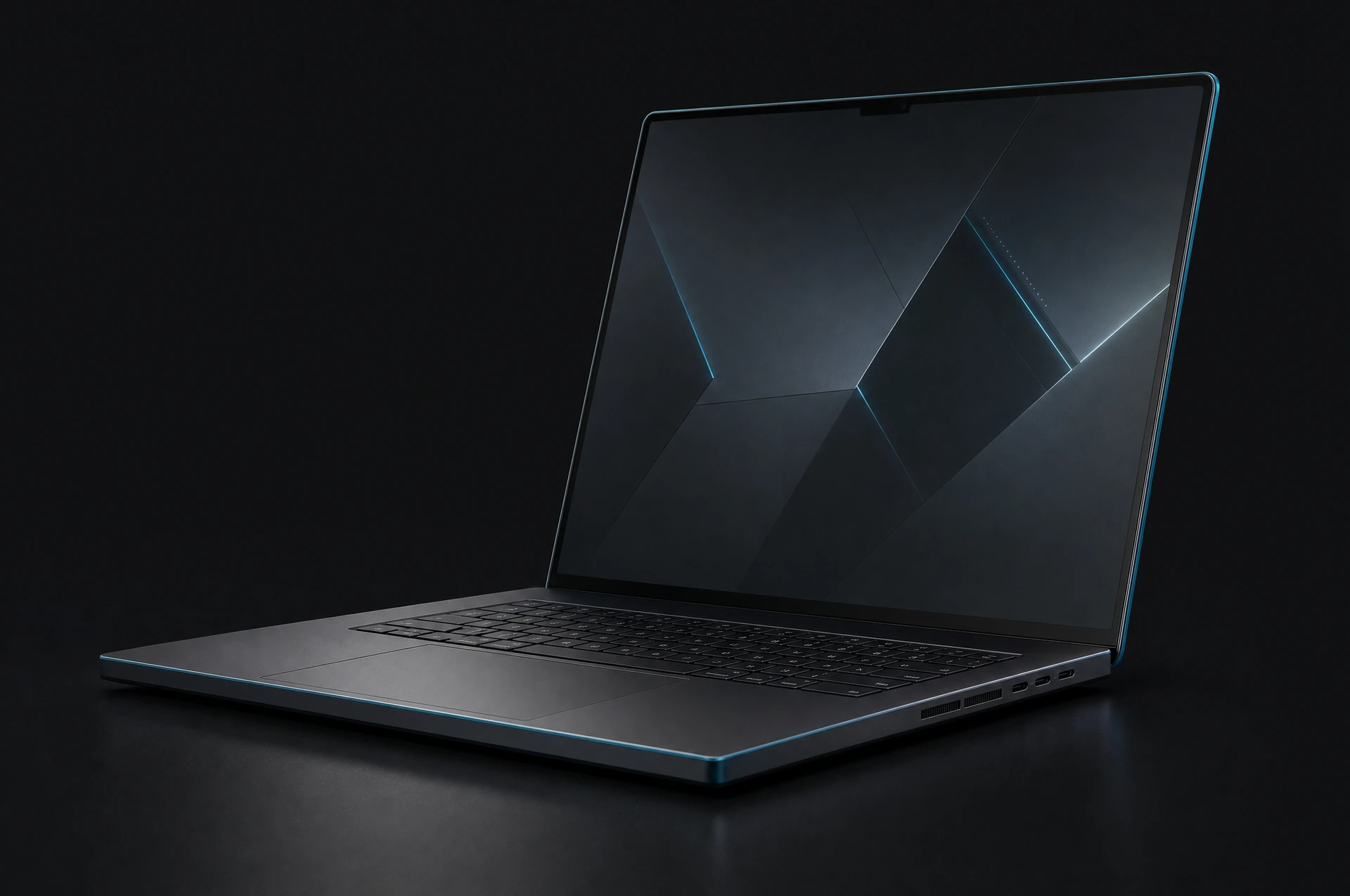 Studio photograph of a dark laptop, the instrument used to design and build software