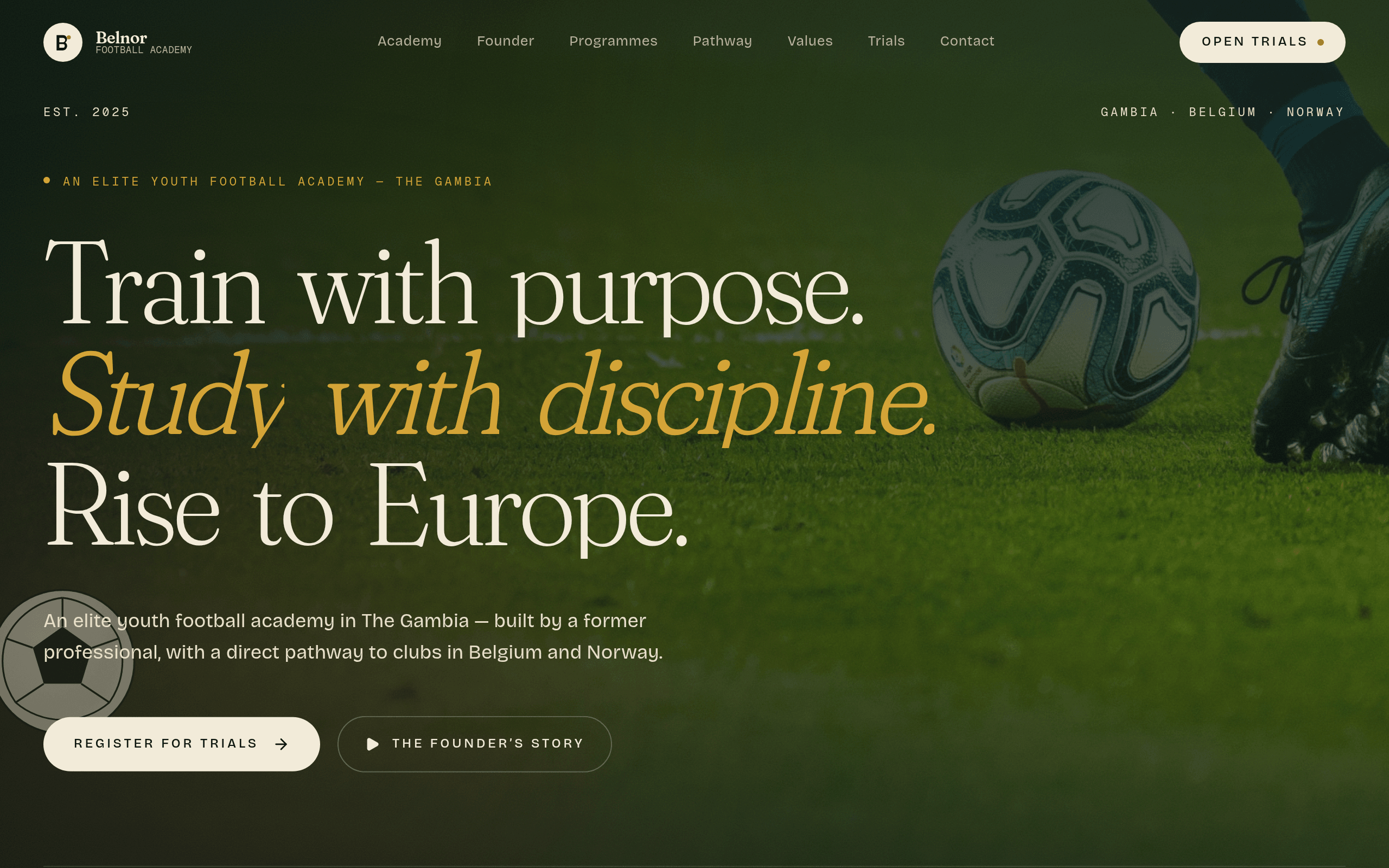 An elite youth football academy site with programme storytelling, European pathway narrative, and trial registration flows.